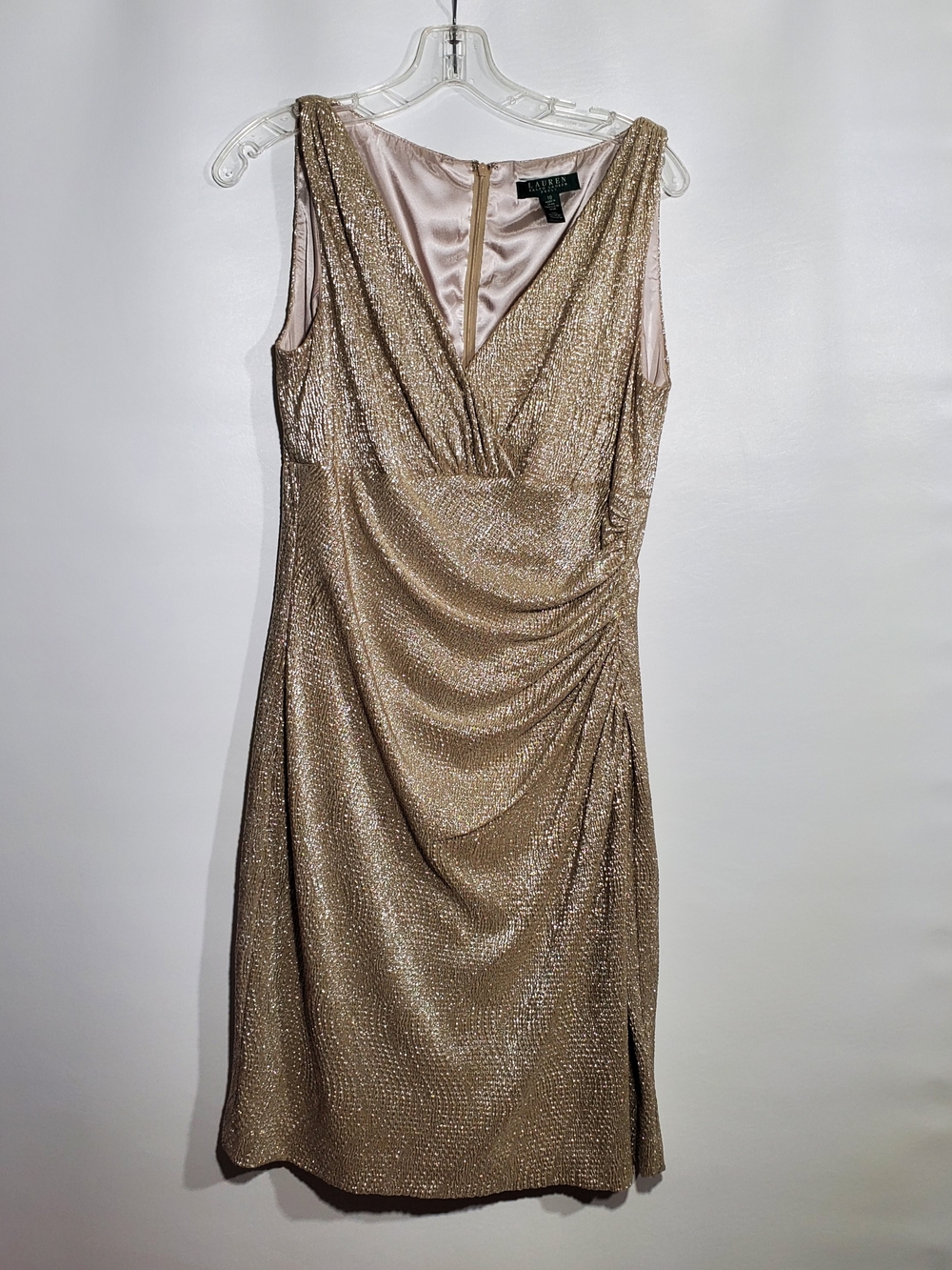 Lauren Ralph Lauren Gold Metallic Draped Ruched Cocktail Dress Sz 10 EUC